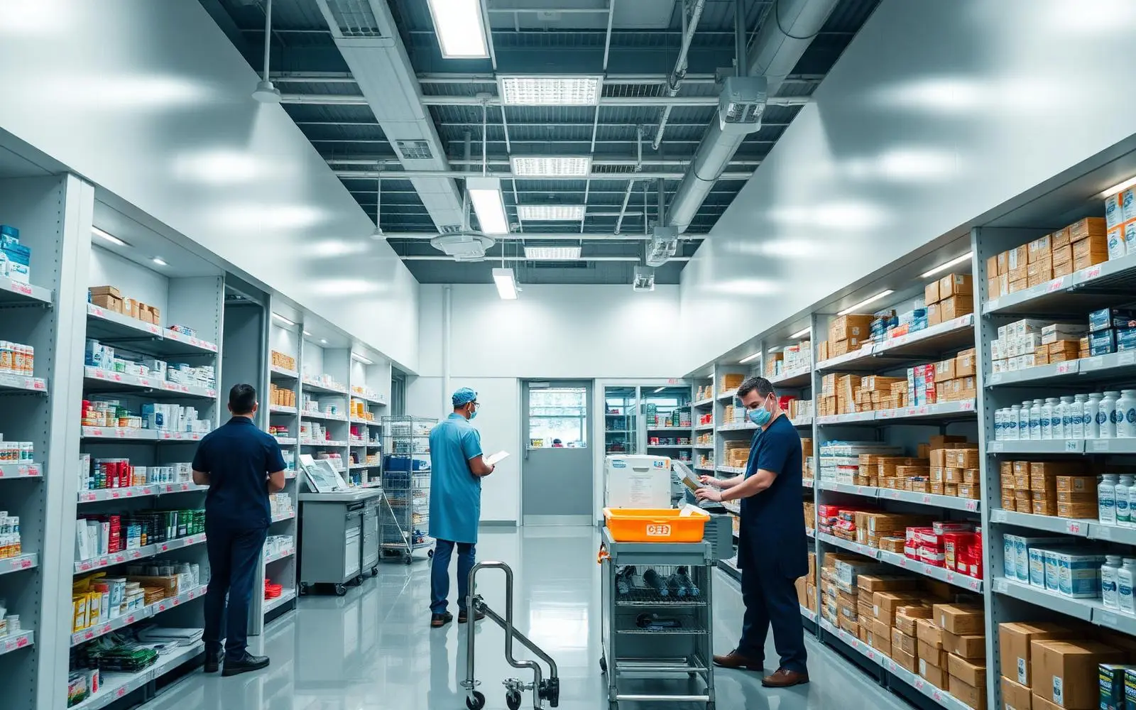 Hospital supply room with staff managing medical inventory