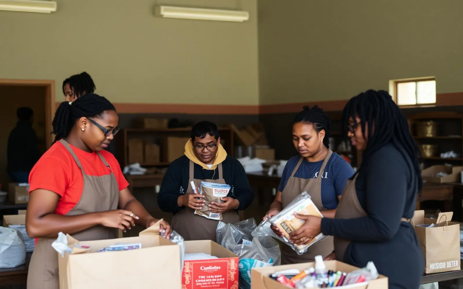 Volunteers organizing supplies at a non-profit community centre