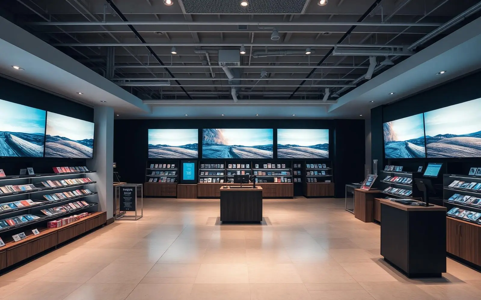 Modern retail store with point of sale counter and digital displays